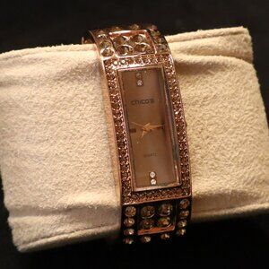 Chico's Shiny Copper Color Watch Clamp Bracelet Analog Bangle with Rhinestones